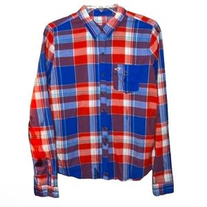 Hollister California Red & Blue Plaid Button Down Collared Shirt with Pocket